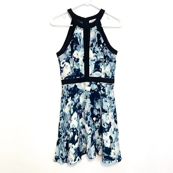PARKER Nika Keyhole Dress Blue Floral Black Trim Sleeveless SILK Mini Fit Flare - Picture 2 of 12